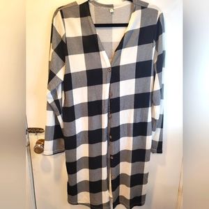 Long Button Down Duster Cardigan Plaid